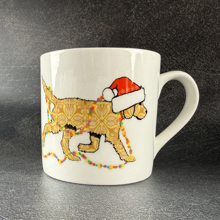 SALE - Christmas Labradoodle Bone china mug - golden/cream dog with hat &amp; fairy lights