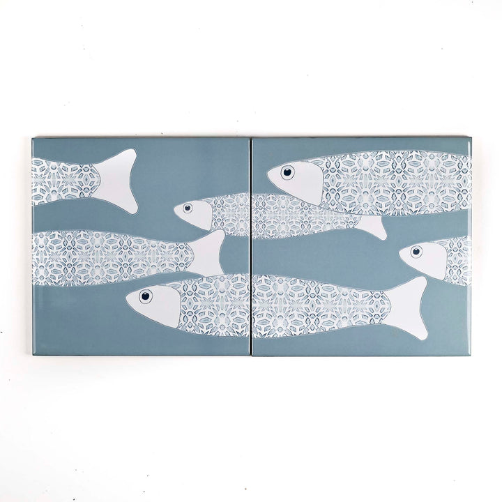 Ocean School tile - Grey Blue Large Scale Border - FIRED INK Version