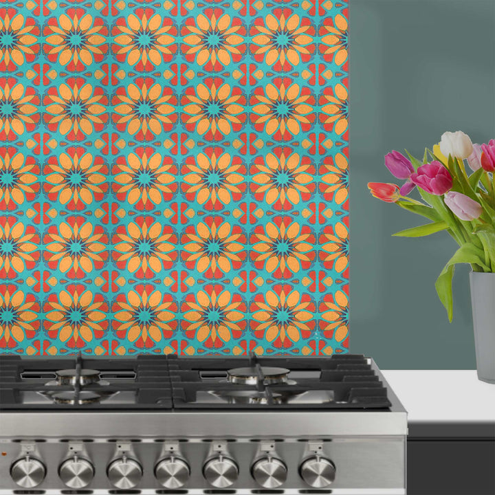 Moroccan Flower Kitchen Splashback - Orange &amp; Teal