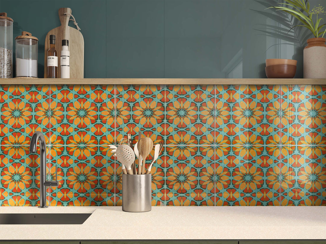 Moroccan Flower Tile - teal orange