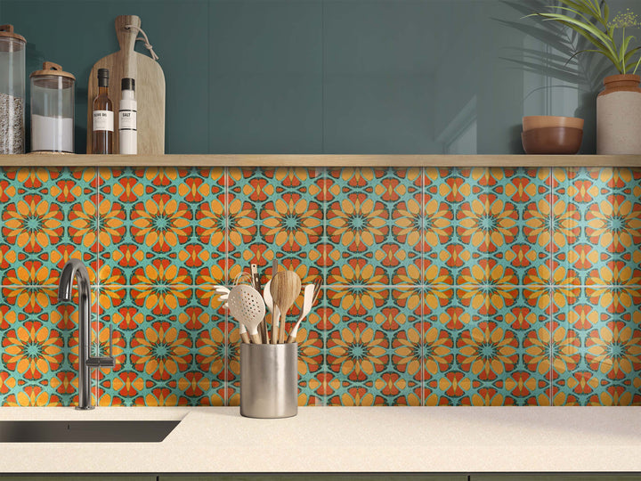 Moroccan Flower Tile - teal orange