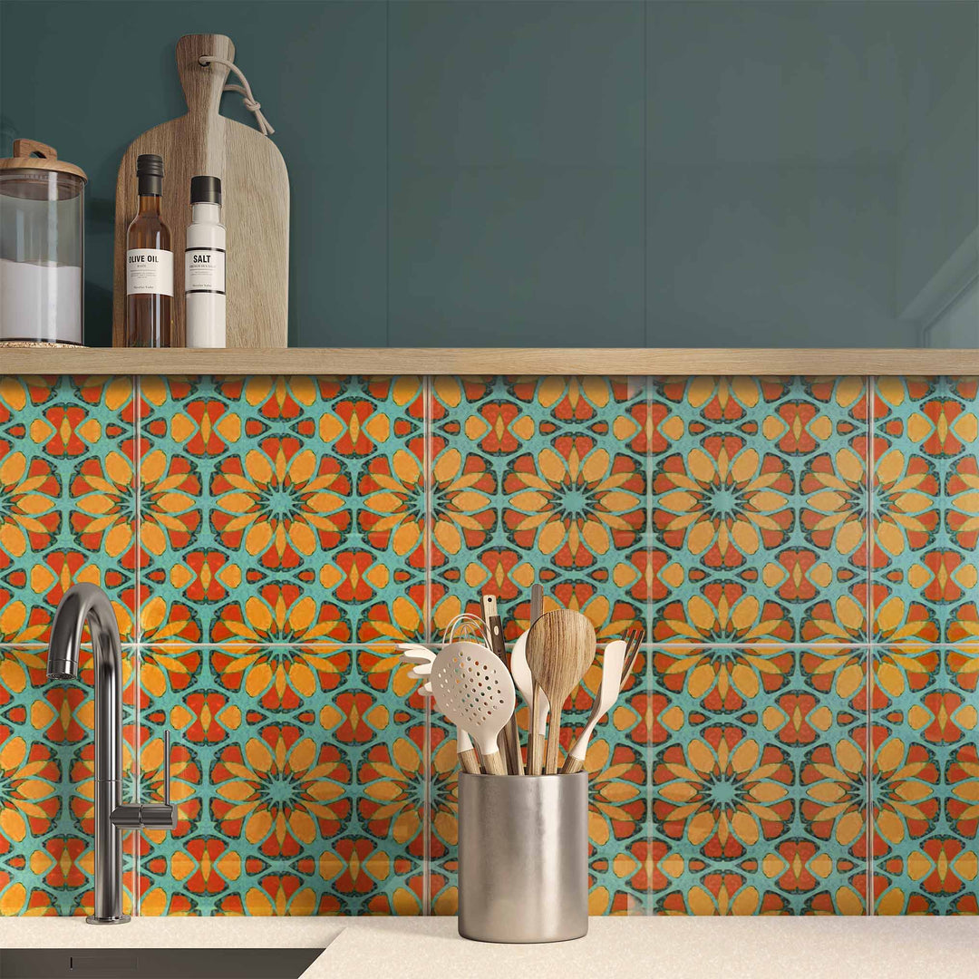 Moroccan Flower Tile - teal orange