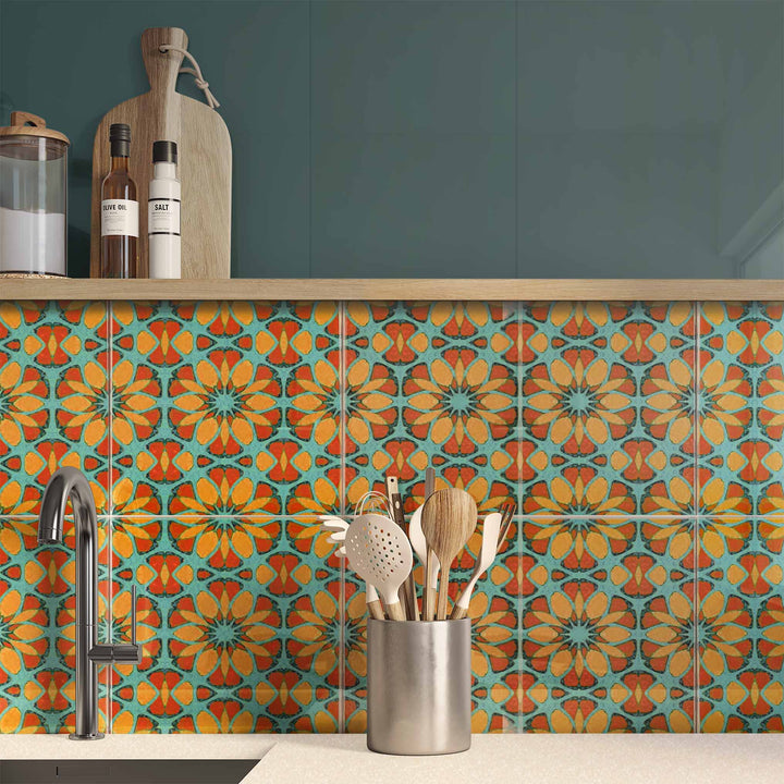 Moroccan Flower Tile - teal orange