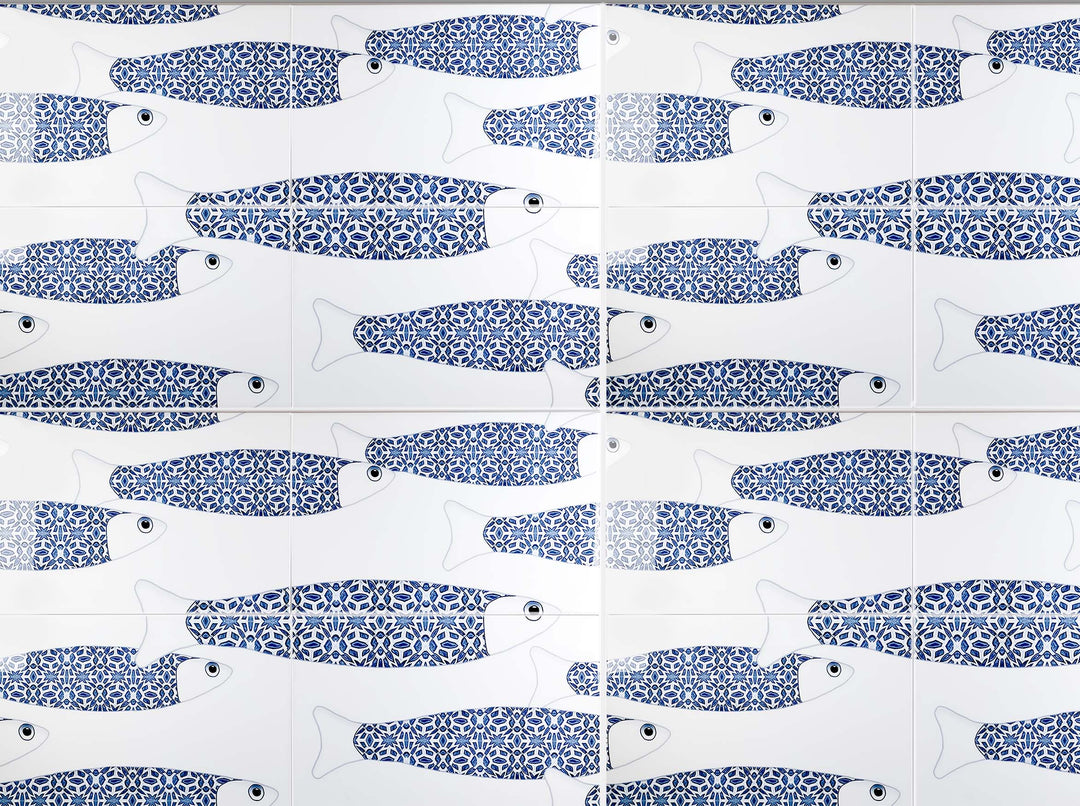 Ocean Shoal - White &amp; Blue Border version - Large SCALE - Rectangular Tile - 30x20cm (12x8 inches)