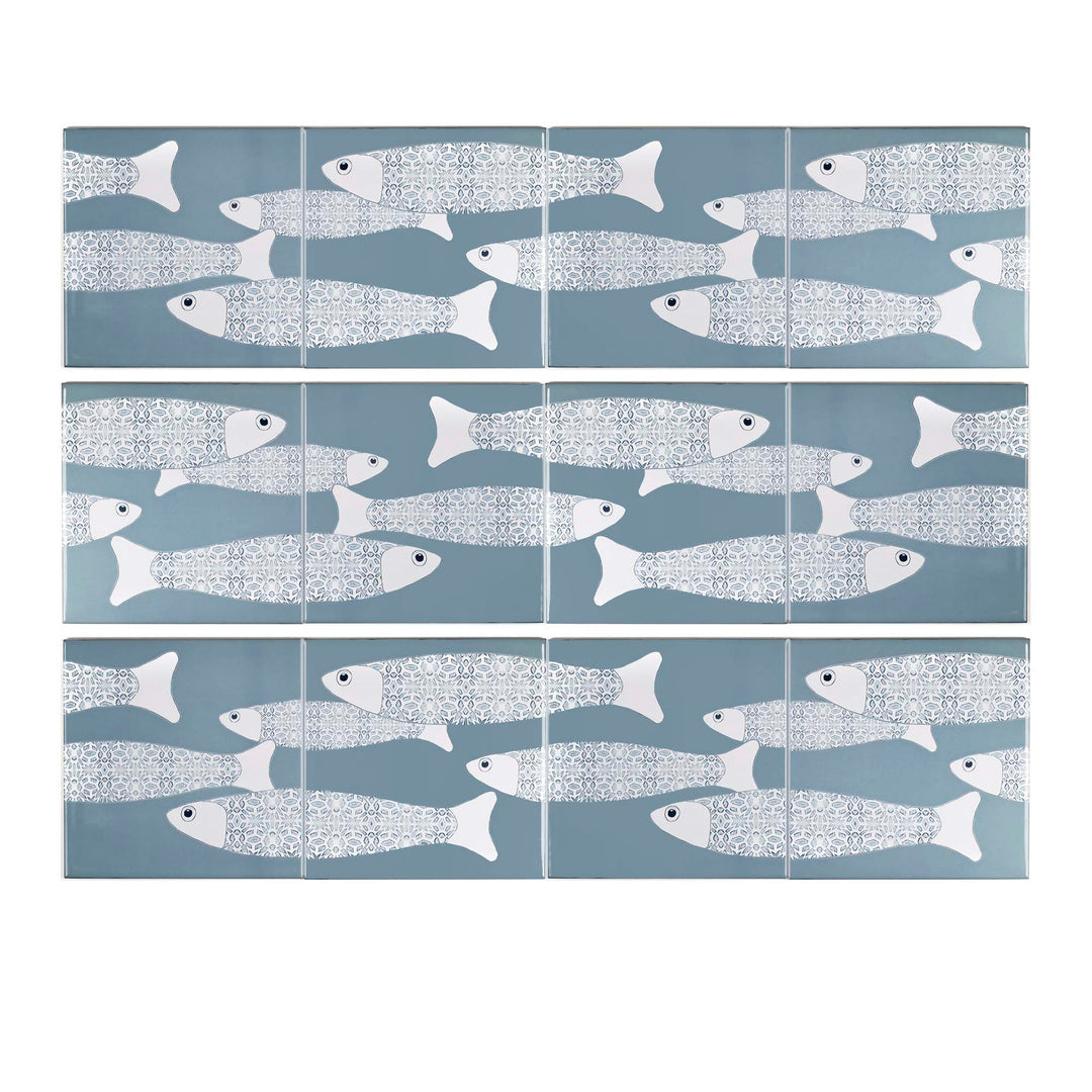 Ocean School tile - Grey Blue Large Scale Border - FIRED INK Version