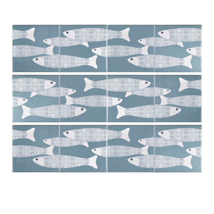 Ocean School tile - Grey Blue Large Scale Border - FIRED INK Version