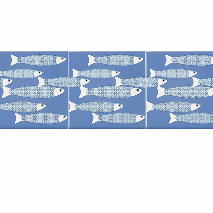 Ocean School tile - Mid-blue BORDER - FIRED INK Version