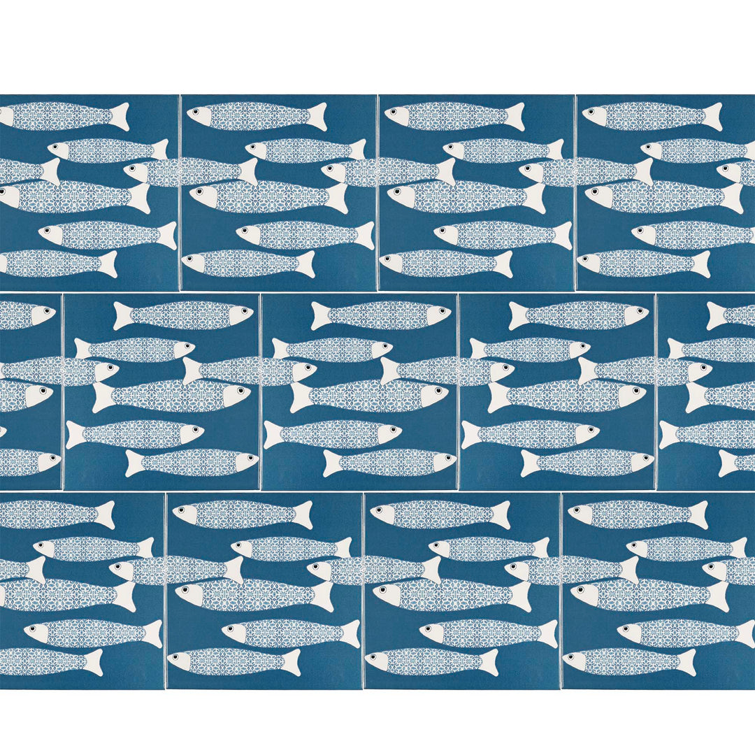 Ocean School tile - Teal - BORDER -  FIRED INK Version