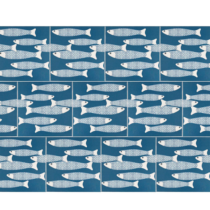 Ocean School tile - Teal - BORDER -  FIRED INK Version