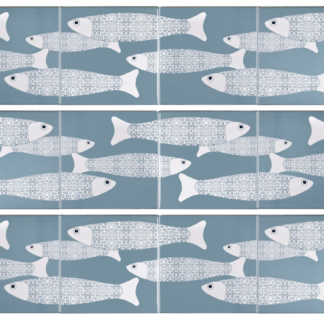 Ocean School tile - Grey Blue Large Scale Border - FIRED INK Version