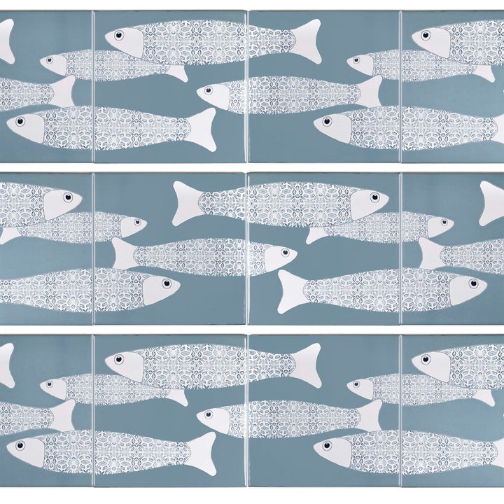 Ocean School tile - Grey Blue Large Scale Border - FIRED INK Version