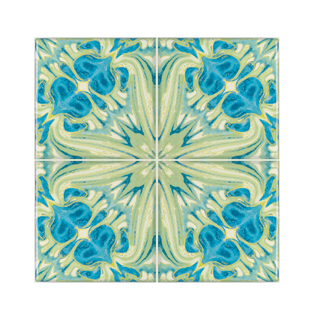 Blaugrüne Fliesen „Vintage Bouquet“ – Version GEBRANNTE TINTE