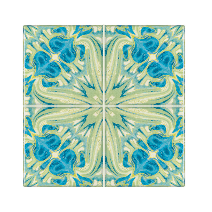 Blaugrüne Fliesen „Vintage Bouquet“ – Version GEBRANNTE TINTE
