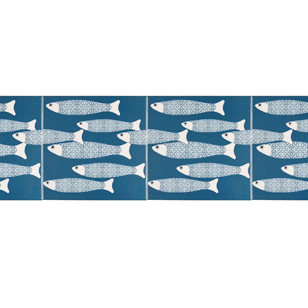 Ocean School tile - Teal - BORDER -  FIRED INK Version