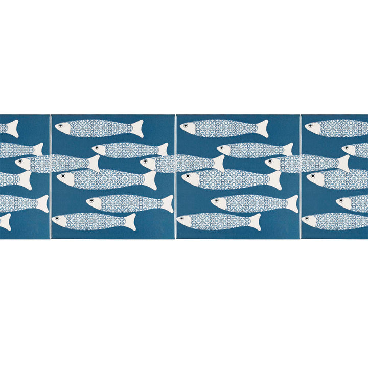 Ocean School tile - Teal - BORDER -  FIRED INK Version