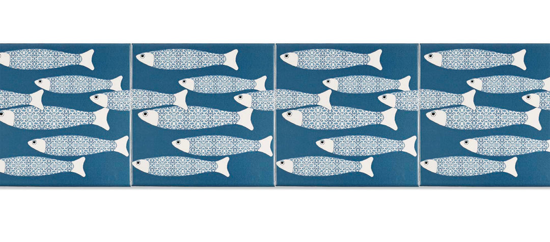 Ocean School tile - Teal - BORDER -  FIRED INK Version