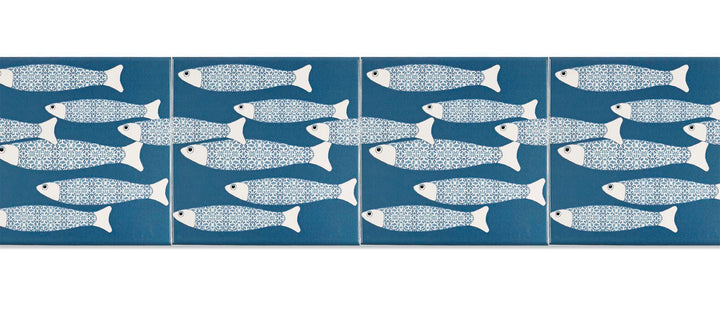 Ocean School tile - Teal - BORDER -  FIRED INK Version