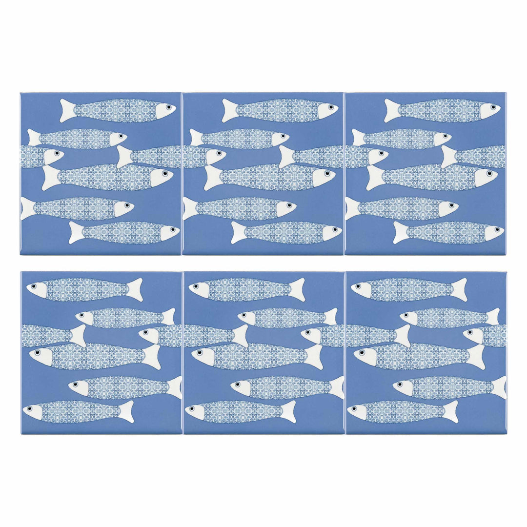 Ocean School tile - Mid-blue BORDER - FIRED INK Version