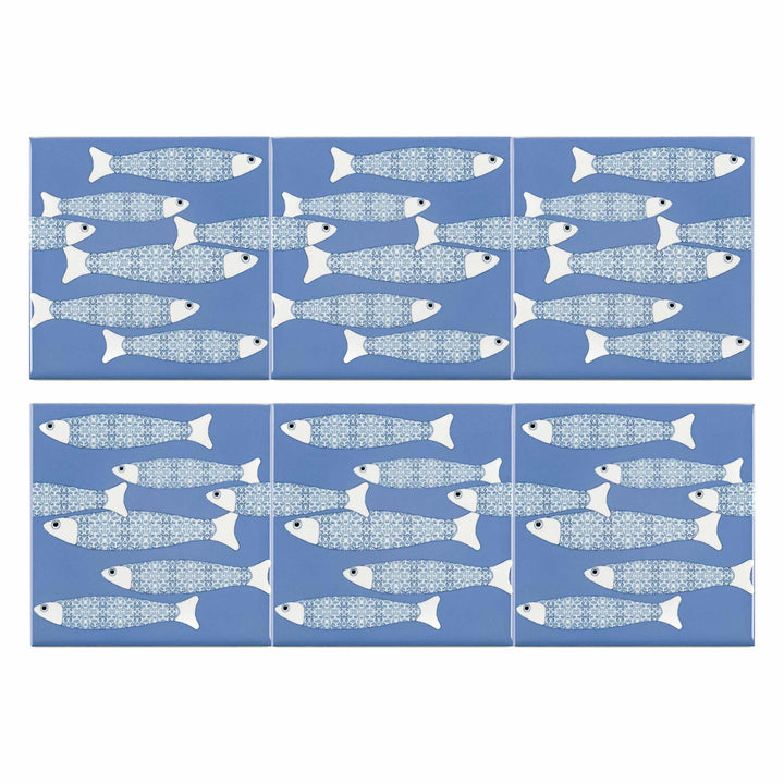 Ocean School tile - Mid-blue BORDER - FIRED INK Version