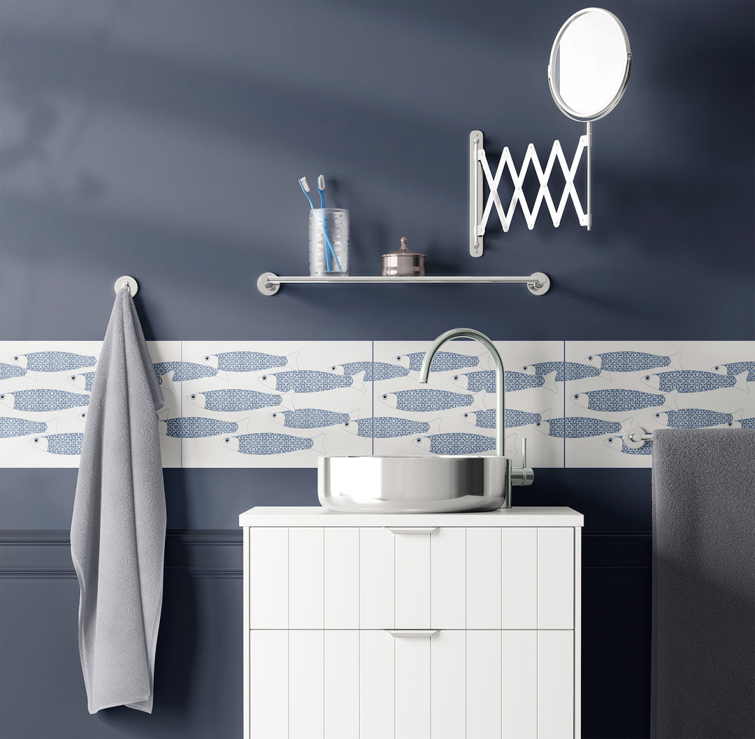 SALE Set of 13x Ocean Shoal - White &amp; Blue Border version - Large Rectangular Tile - 30x20cm (12x8 inches)