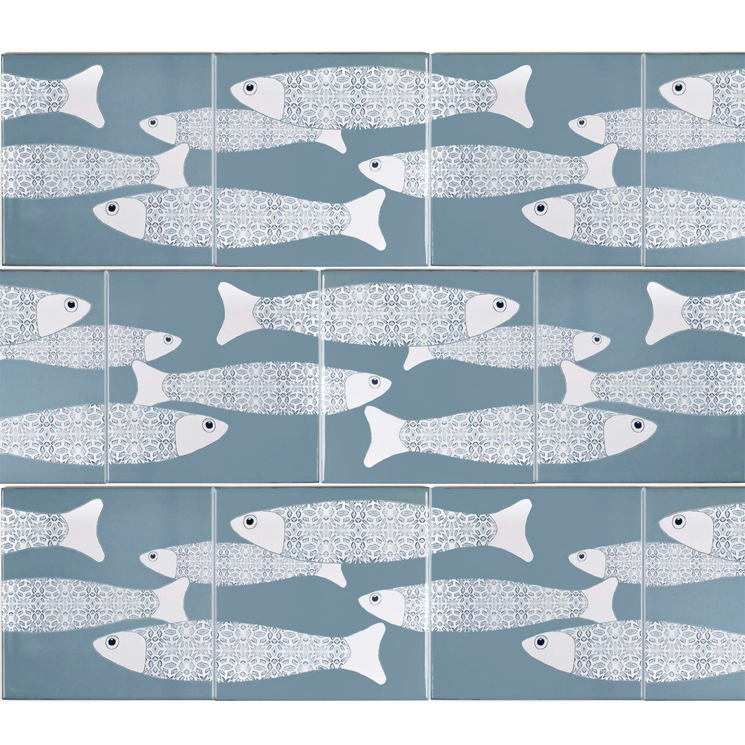 Ocean School tile - Grey Blue Large Scale Border - FIRED INK Version