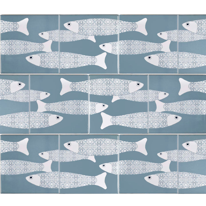 Ocean School tile - Grey Blue Large Scale Border - FIRED INK Version