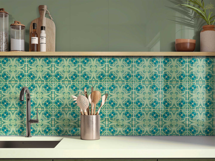 SALE - Set of 40 x 10.8cm / 4.25in Blue Green Vintage Botanical Tiles - Perfect