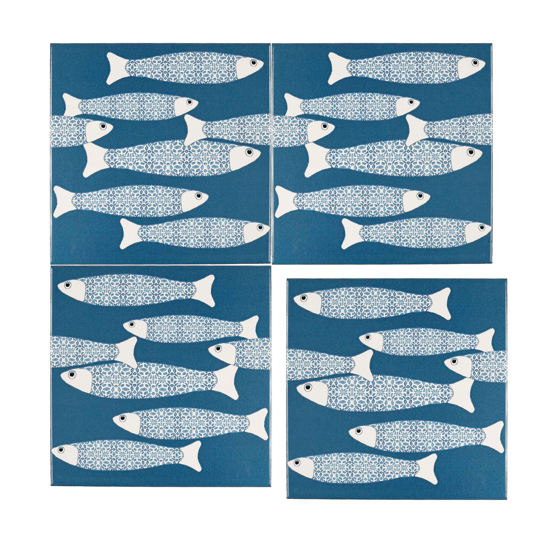 Ocean School tile - Teal - BORDER -  FIRED INK Version