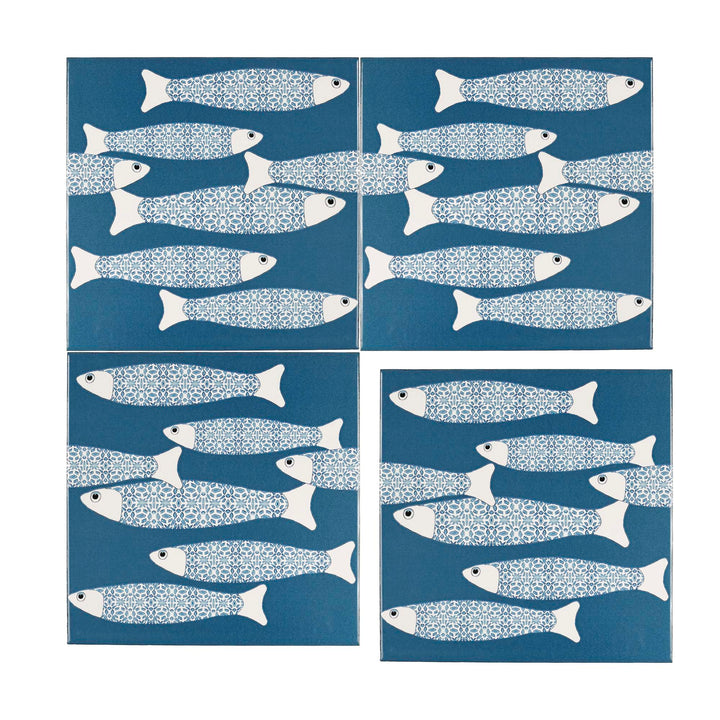 Ocean School tile - Teal - BORDER -  FIRED INK Version