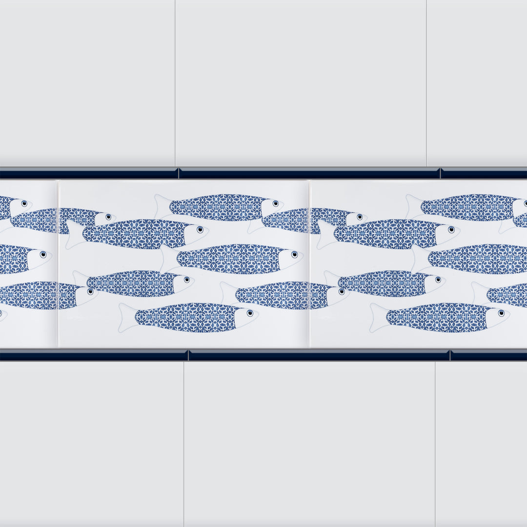 SALE Set of 13x Ocean Shoal - White &amp; Blue Border version - Large Rectangular Tile - 30x20cm (12x8 inches)