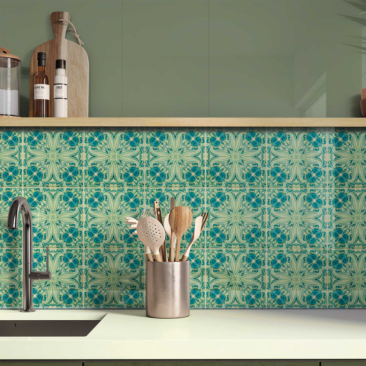 SALE - Set of 40 x 10.8cm / 4.25in Blue Green Vintage Botanical Tiles - Perfect