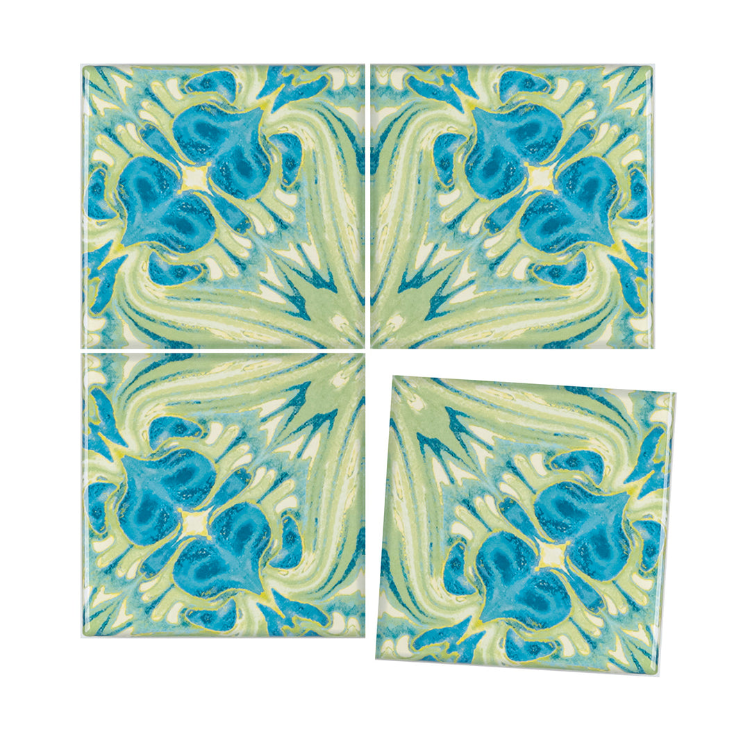 Blaugrüne Fliesen „Vintage Bouquet“ – Version GEBRANNTE TINTE