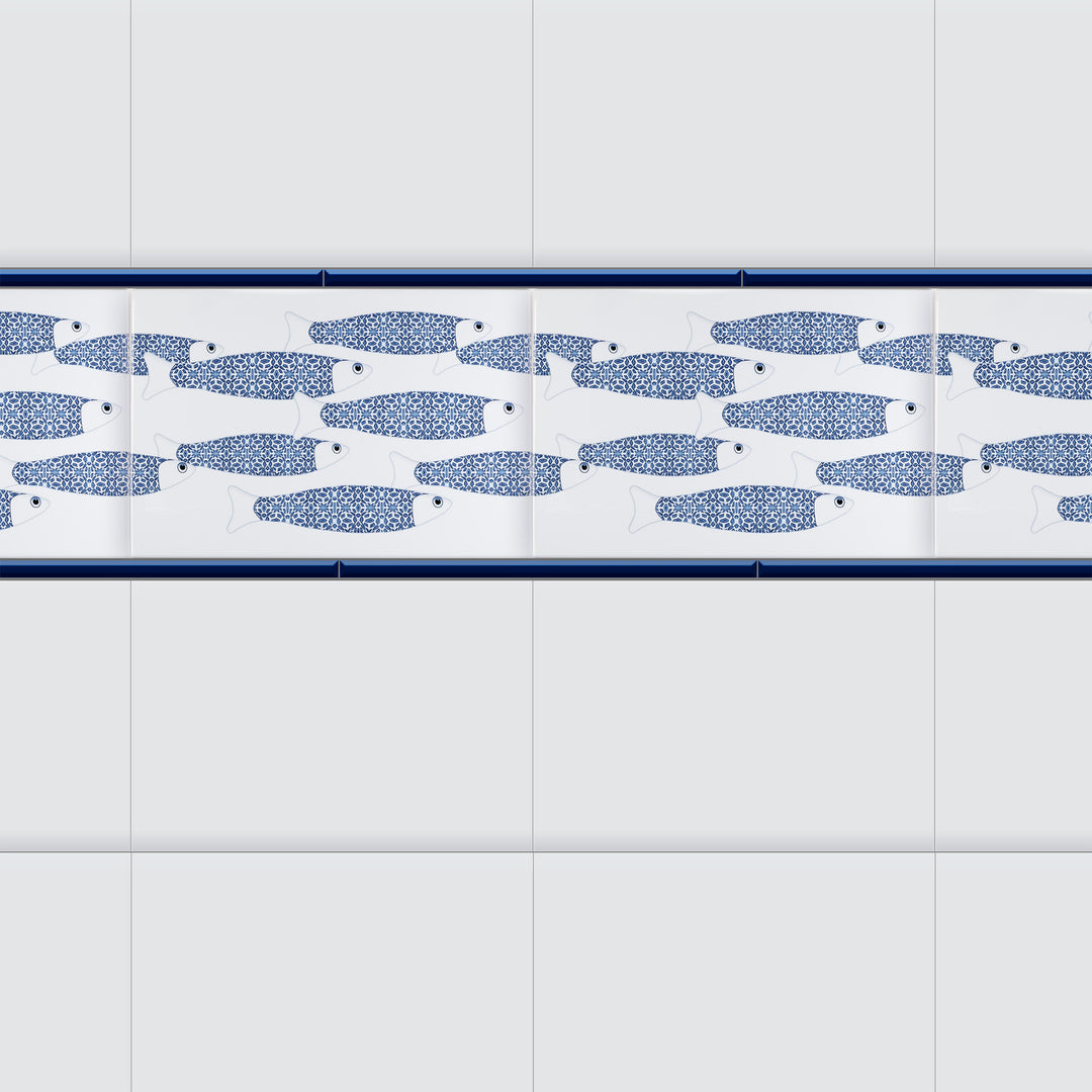 SALE Set of 13x Ocean Shoal - White &amp; Blue Border version - Large Rectangular Tile - 30x20cm (12x8 inches)