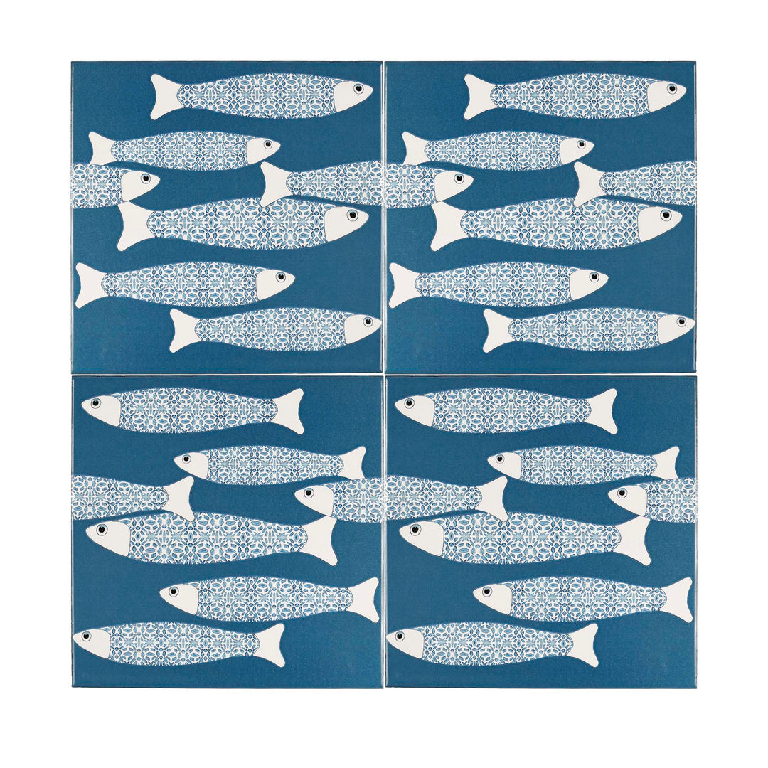 Ocean School tile - Teal - BORDER -  FIRED INK Version