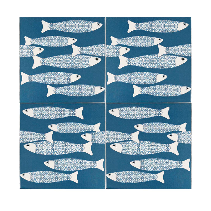 Ocean School tile - Teal - BORDER -  FIRED INK Version