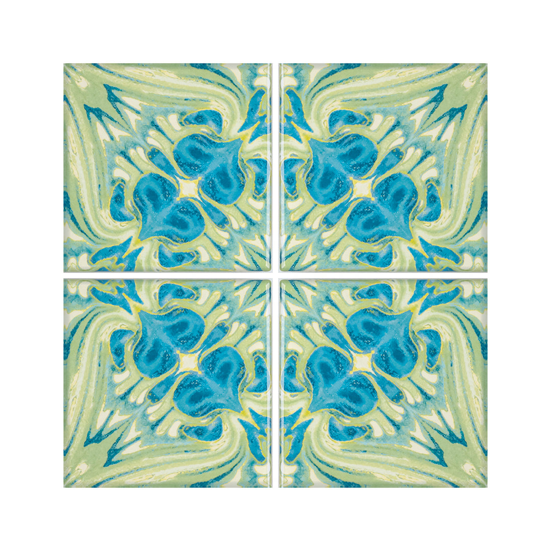Blaugrüne Fliesen „Vintage Bouquet“ – Version GEBRANNTE TINTE