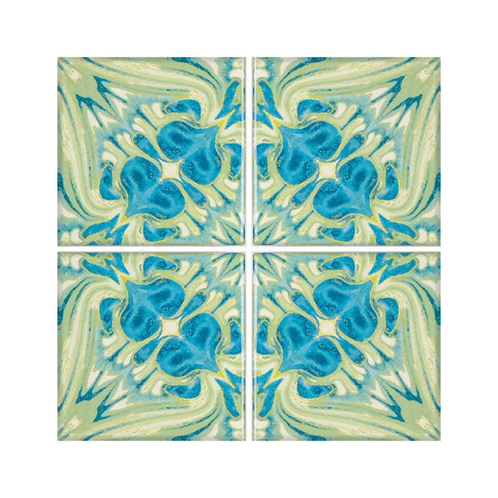 Blaugrüne Fliesen „Vintage Bouquet“ – Version GEBRANNTE TINTE