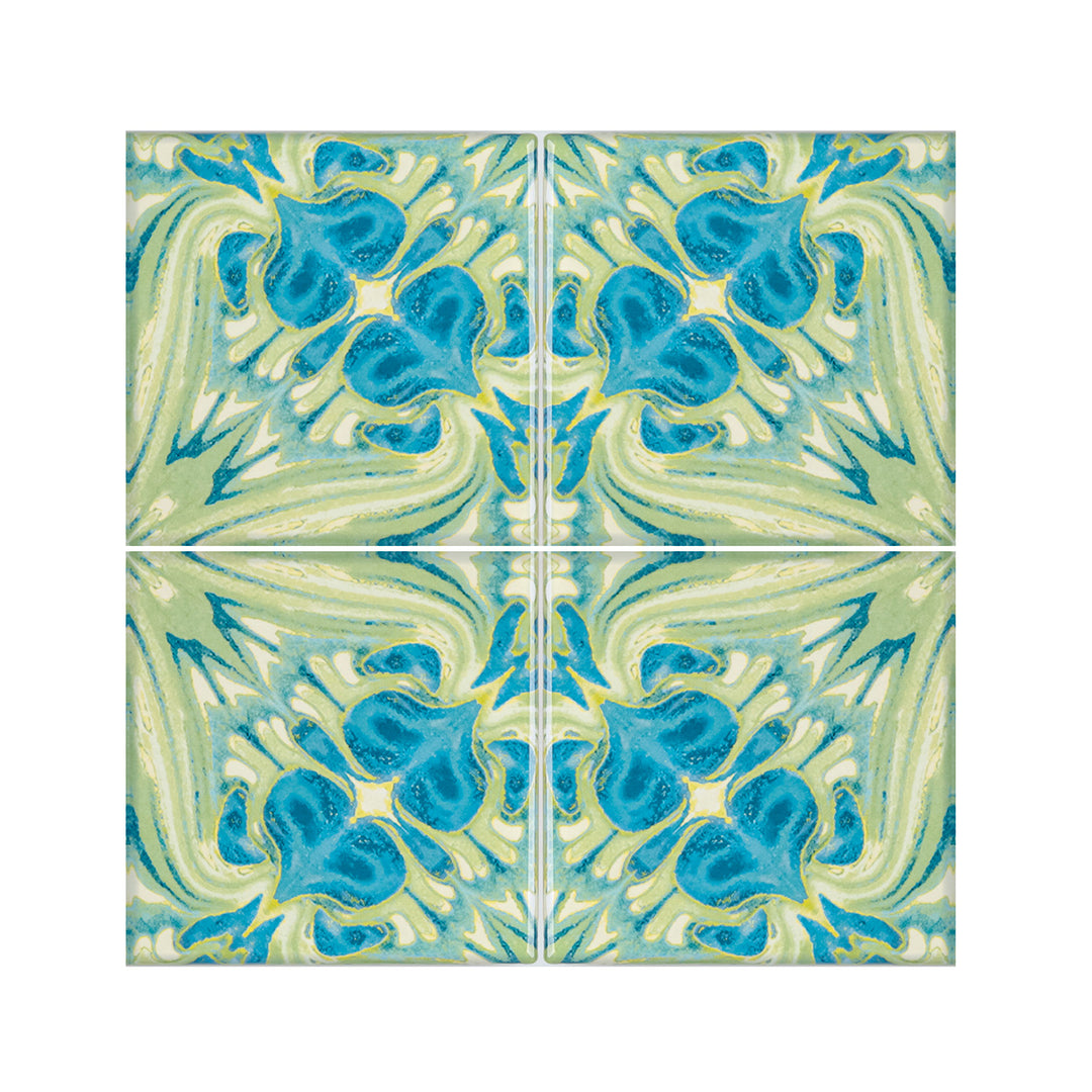 Blaugrüne Fliesen „Vintage Bouquet“ – Version GEBRANNTE TINTE