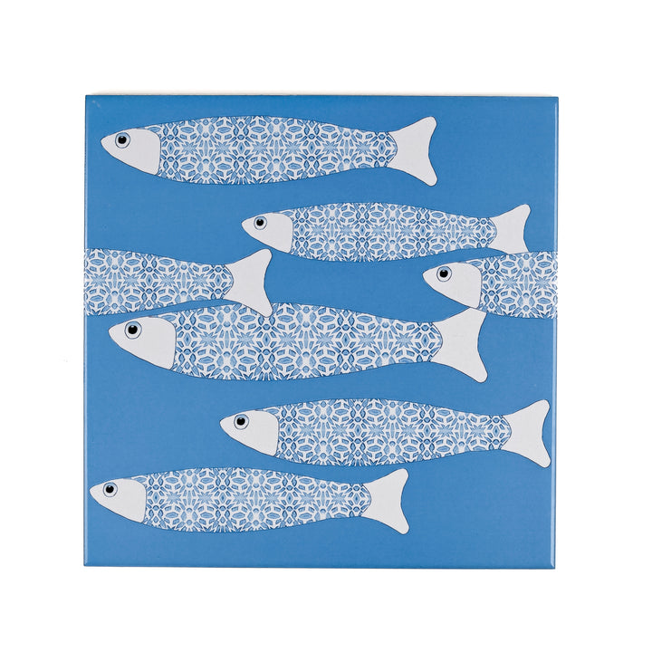 Ocean School tile - Mid-blue BORDER - FIRED INK Version
