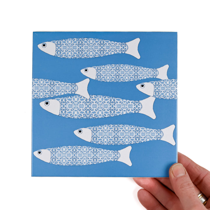 Ocean School tile - Mid-blue BORDER - FIRED INK Version