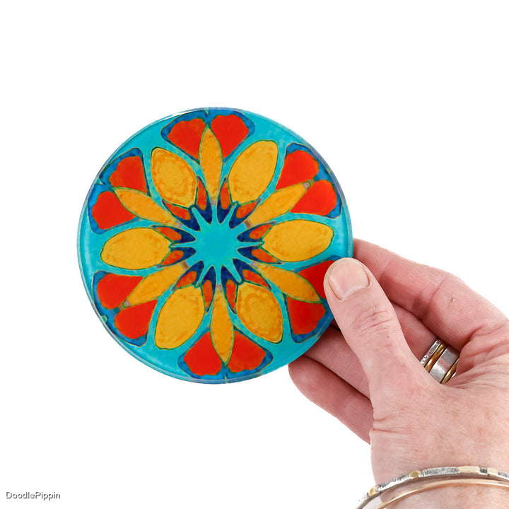 Teal/Orange - Moroccan Flower - Glass Coaster Set