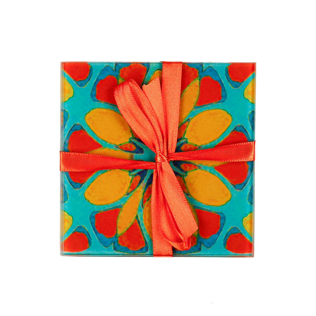 Petrol/Orange – Marokkanische Blume – Glas-Untersetzer-Set