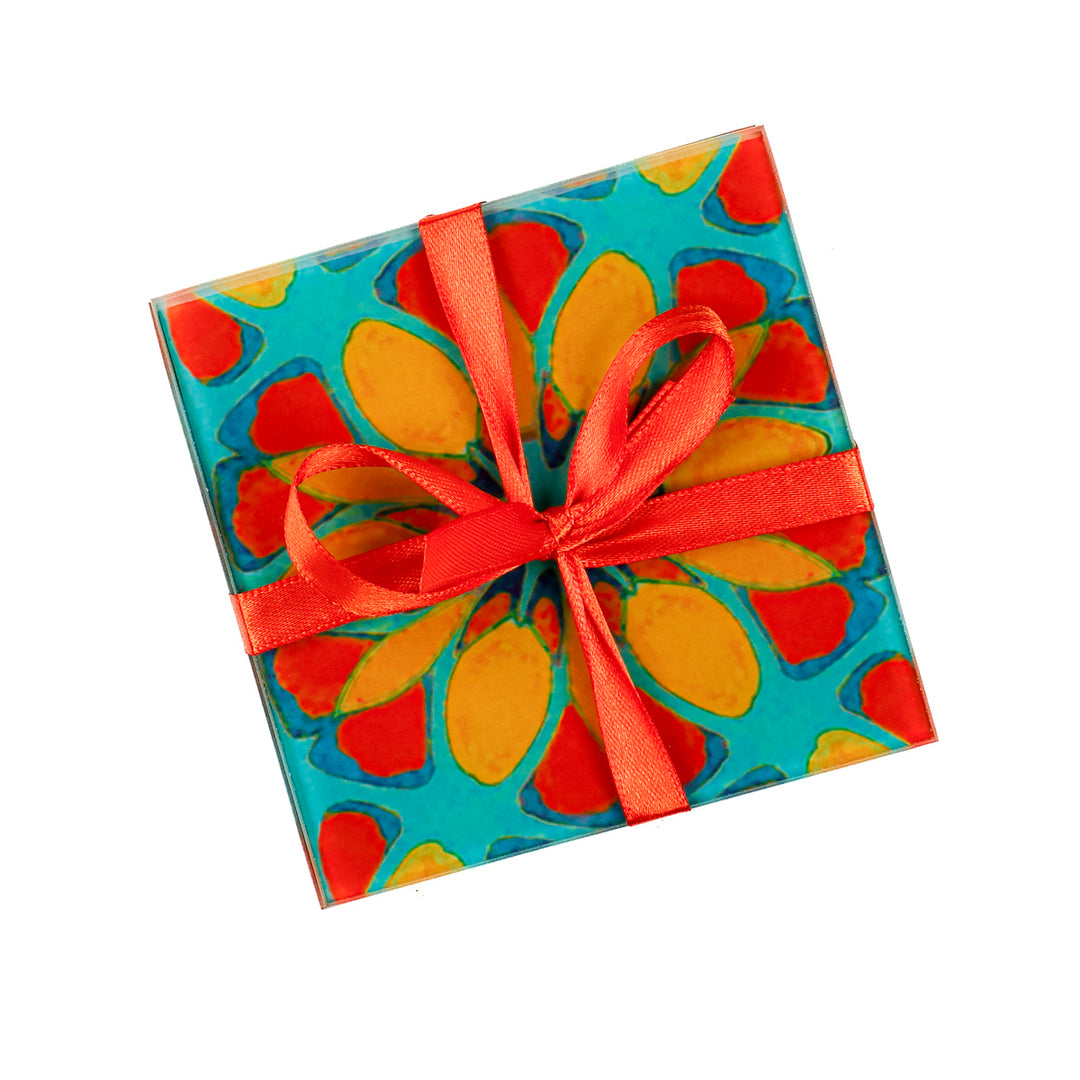 Petrol/Orange – Marokkanische Blume – Glas-Untersetzer-Set