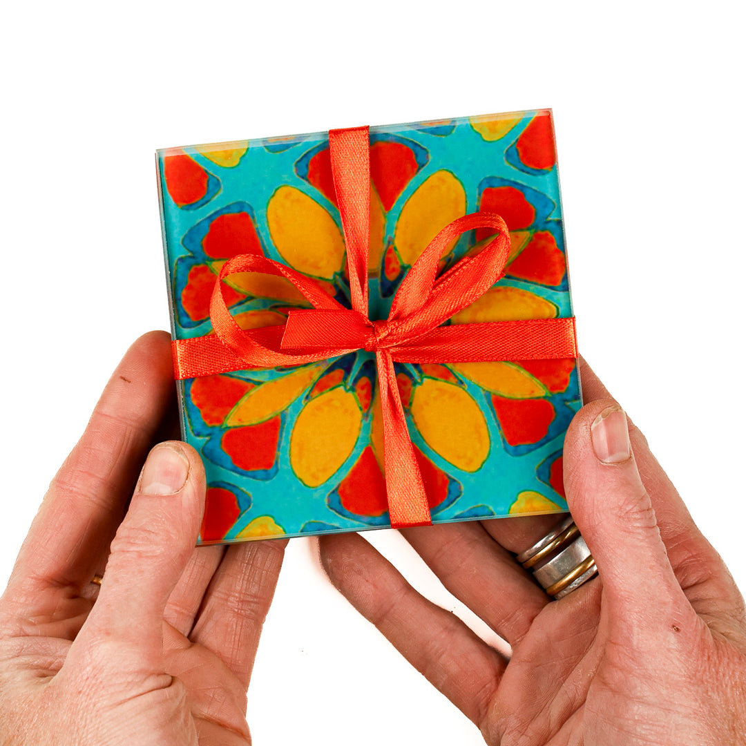 Petrol/Orange – Marokkanische Blume – Glas-Untersetzer-Set