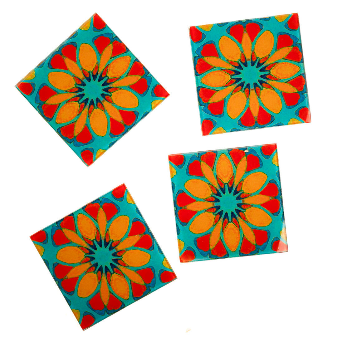 Petrol/Orange – Marokkanische Blume – Glas-Untersetzer-Set