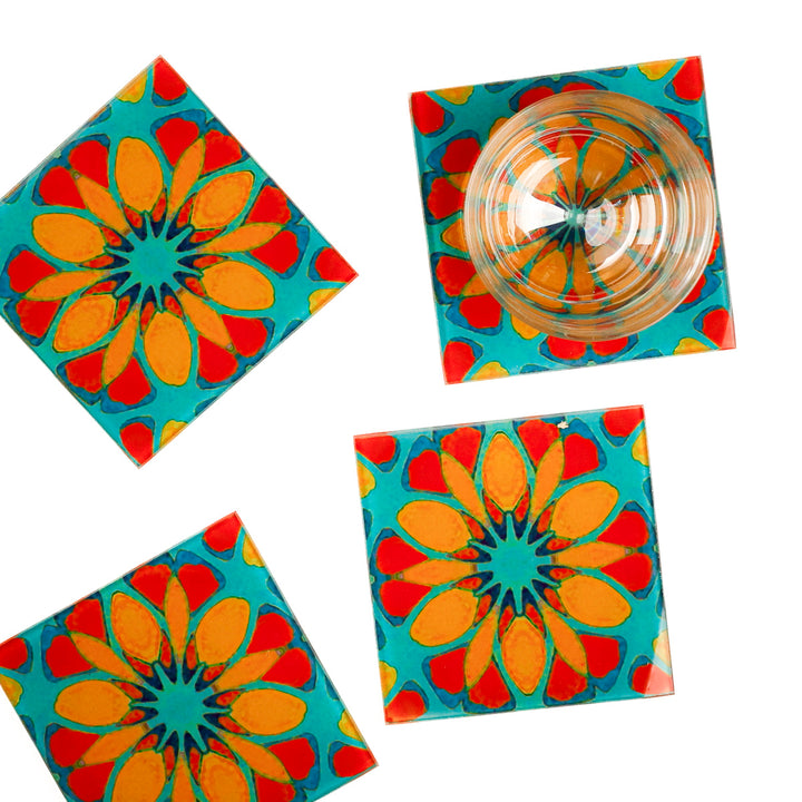 Petrol/Orange – Marokkanische Blume – Glas-Untersetzer-Set