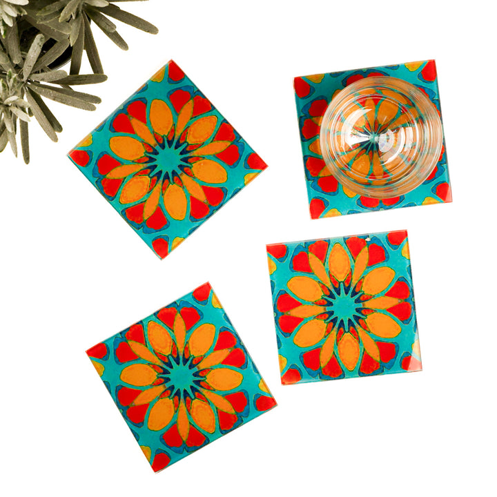 Petrol/Orange – Marokkanische Blume – Glas-Untersetzer-Set