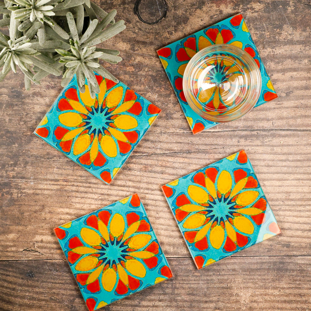 Petrol/Orange – Marokkanische Blume – Glas-Untersetzer-Set