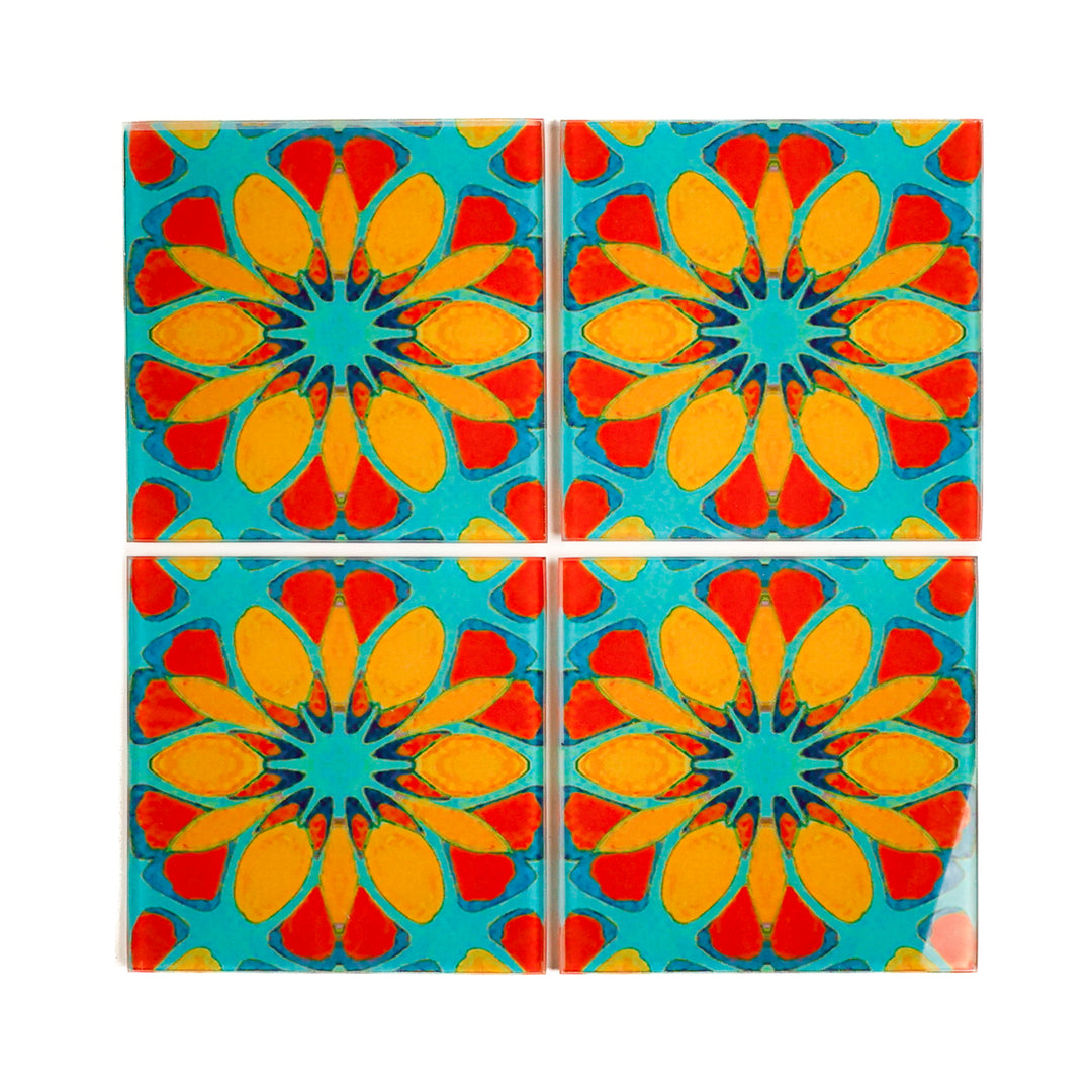 Petrol/Orange – Marokkanische Blume – Glas-Untersetzer-Set