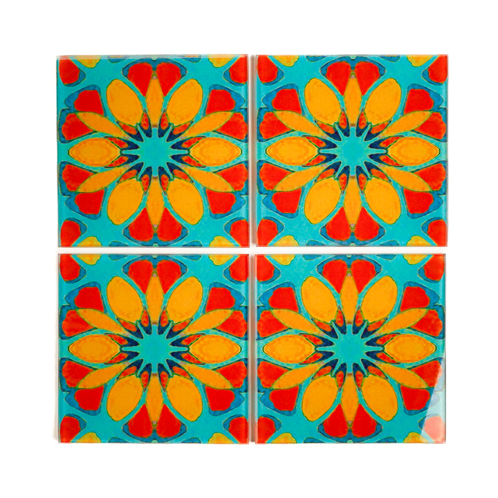 Petrol/Orange – Marokkanische Blume – Glas-Untersetzer-Set